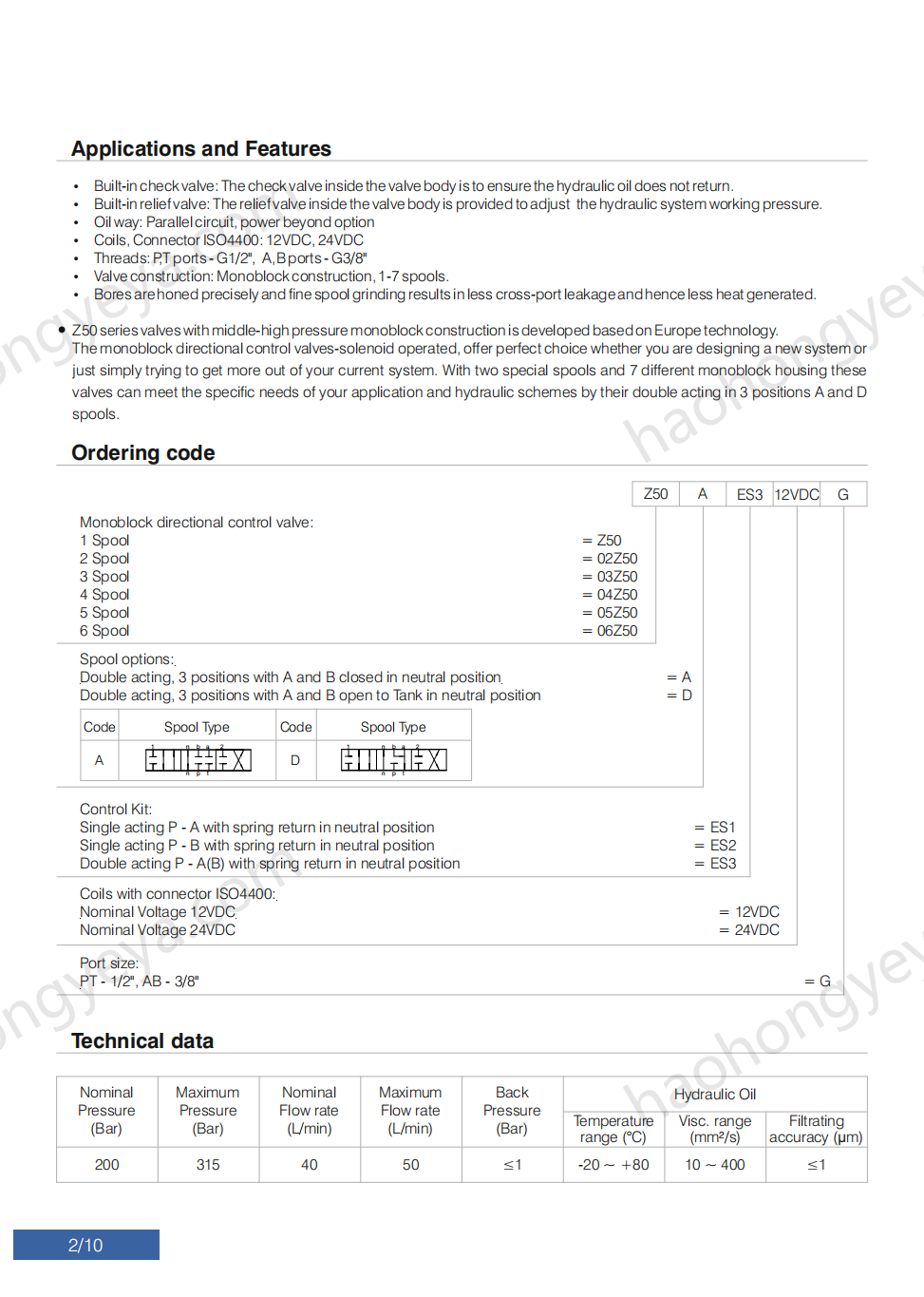 Z50 Series Solenoid Operated Directional Control Valves